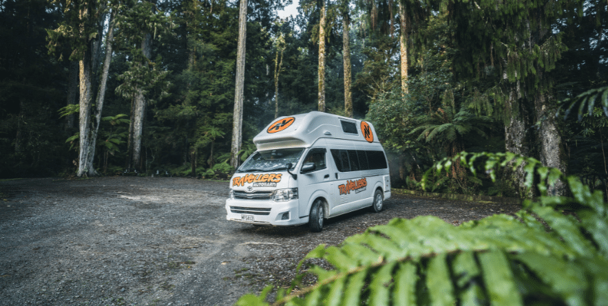 Campervan in a native lush rainforest in New Zealand
